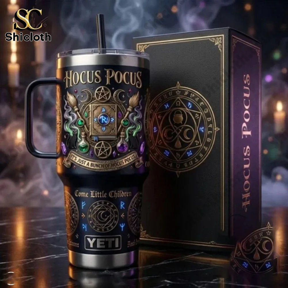 Shicloth Hocus Pocus tumbler displayed with decorative box in a mystical setting!