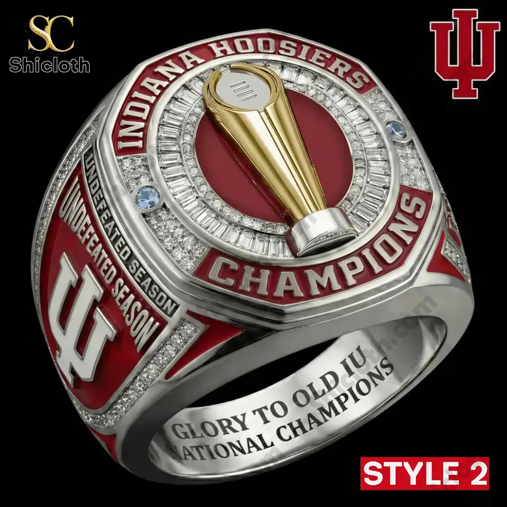 Hoosiers CFP National Championship Ring 2026 4 Silver and red champion ring with trophy emblem!