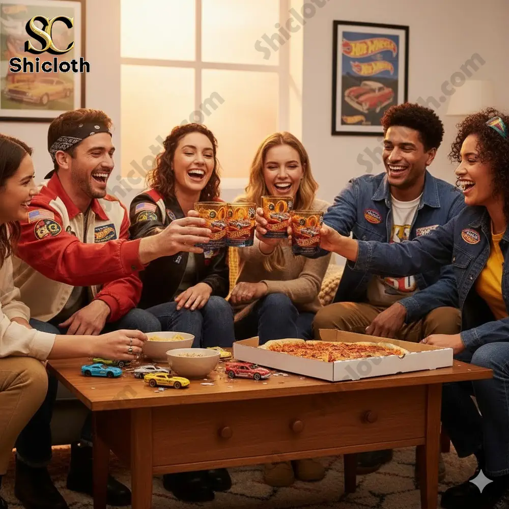 Group of friends toasting drinks with Hot Wheels themed glass on a table!