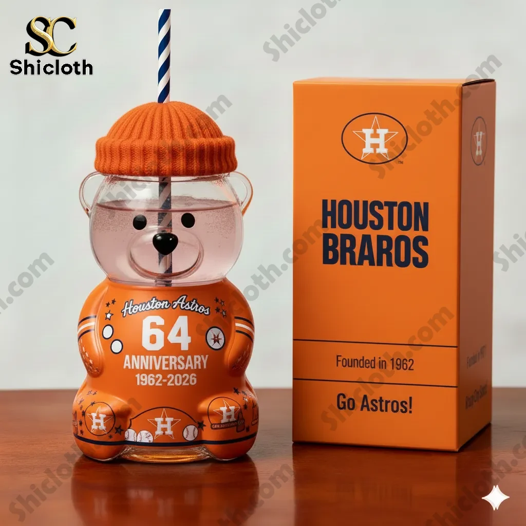 Close up of Houston Astros 64 Anniversary bear drinkware with orange gift box