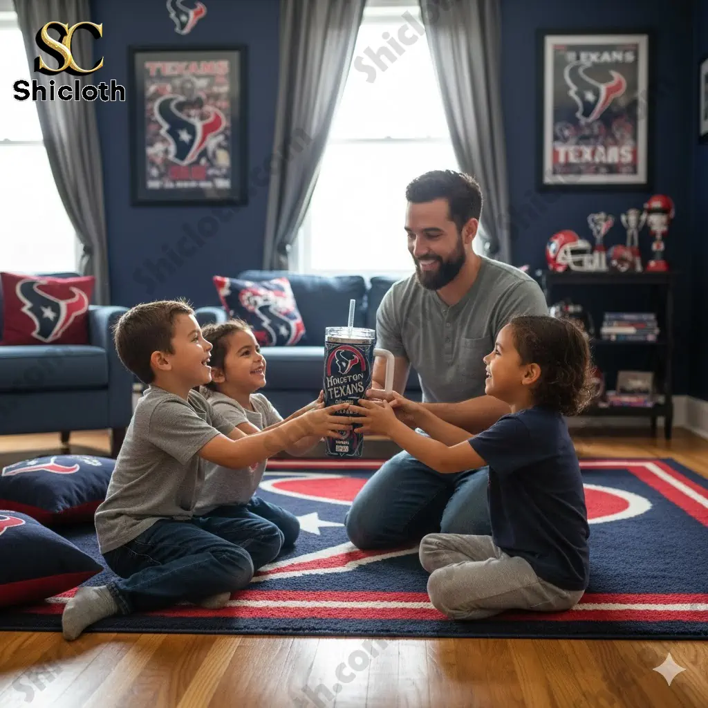 Family holding Houston Texans Battle Red tumbler in living room