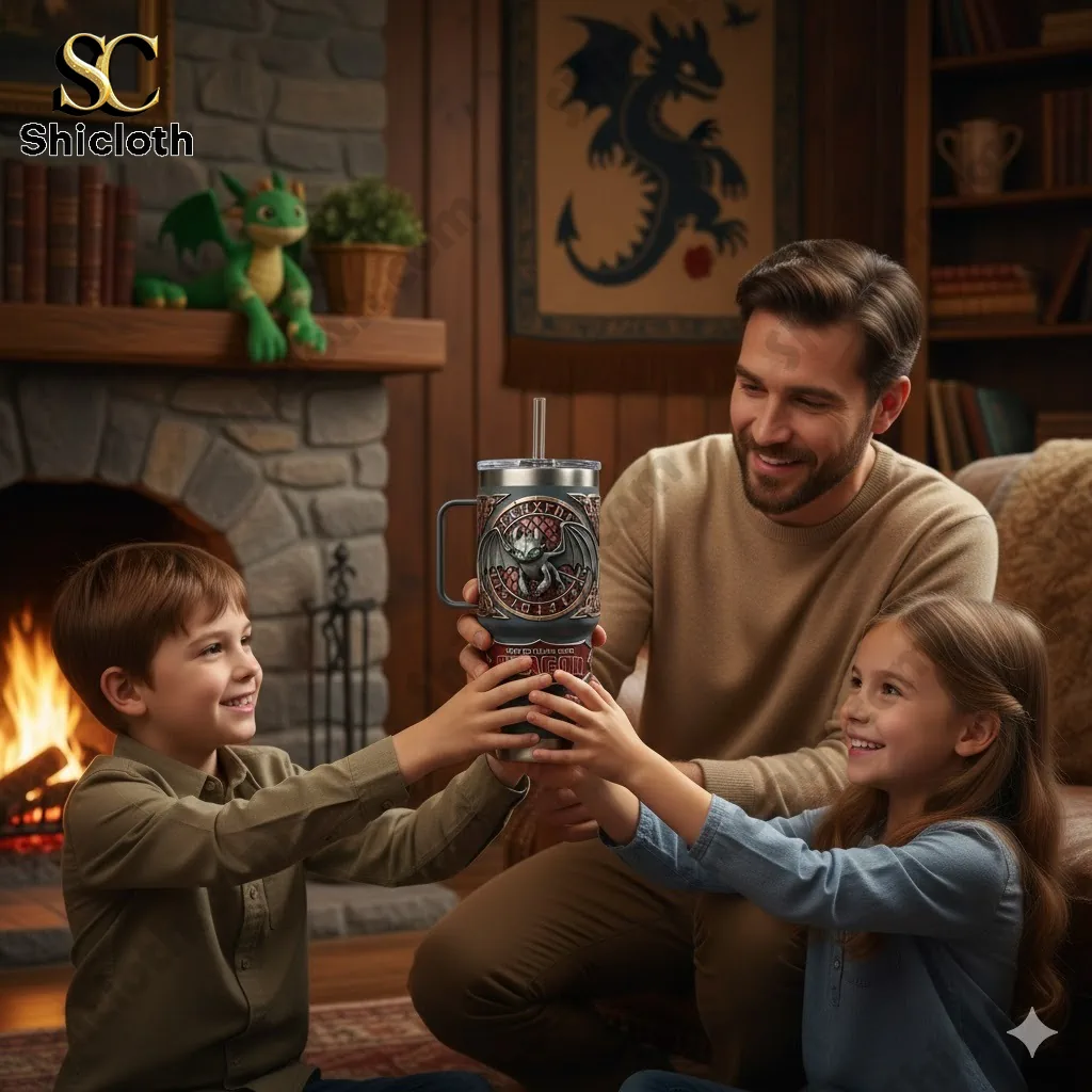 Father and two children holding How To Train Your Dragon tumbler by the fireplace