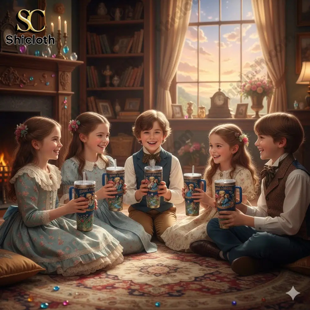 Children sitting together holding fairy tale themed tumblers.