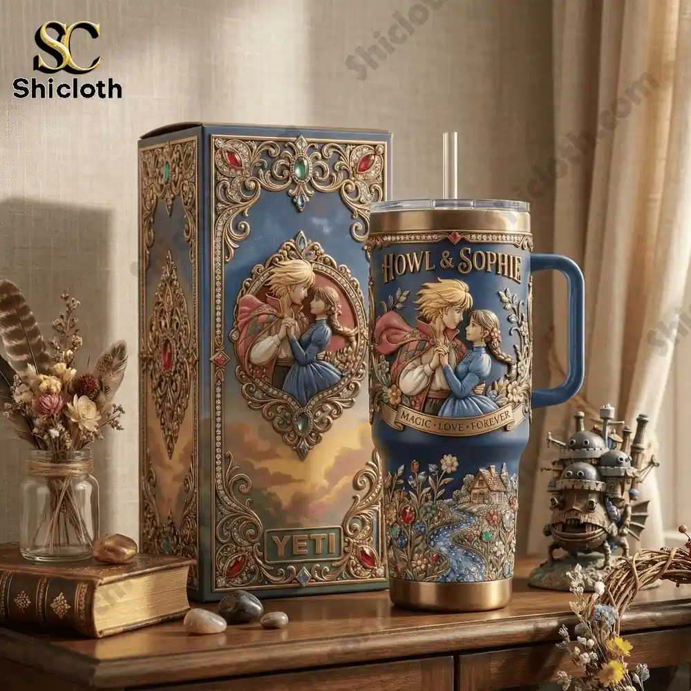 Fantasy tumbler with gift box on wooden table.