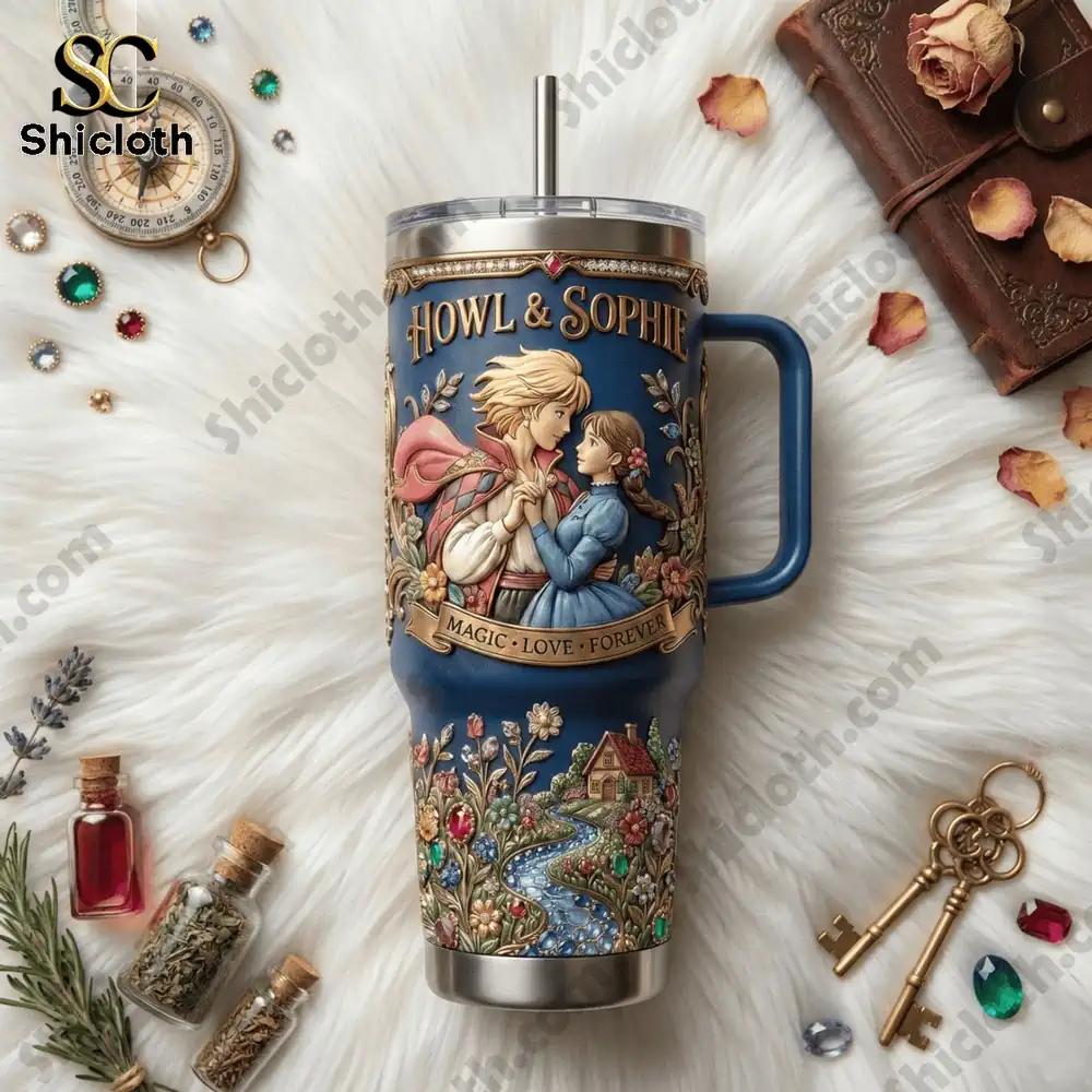 Howl & Sophie Magic Love Forever Happy Valentina Day Tumbler 3 Top view fantasy tumbler surrounded by magical objects.