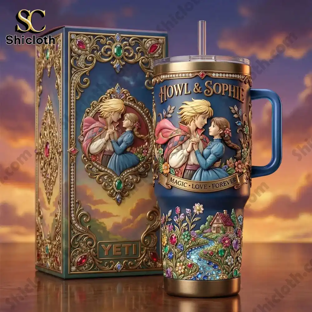 Howl & Sophie Magic Love Forever Happy Valentina Day Tumbler 4 Fantasy tumbler with sunset background and gift box.
