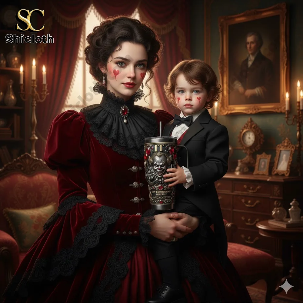 Victorian style woman holding a child with a horror themed collectible tumbler!