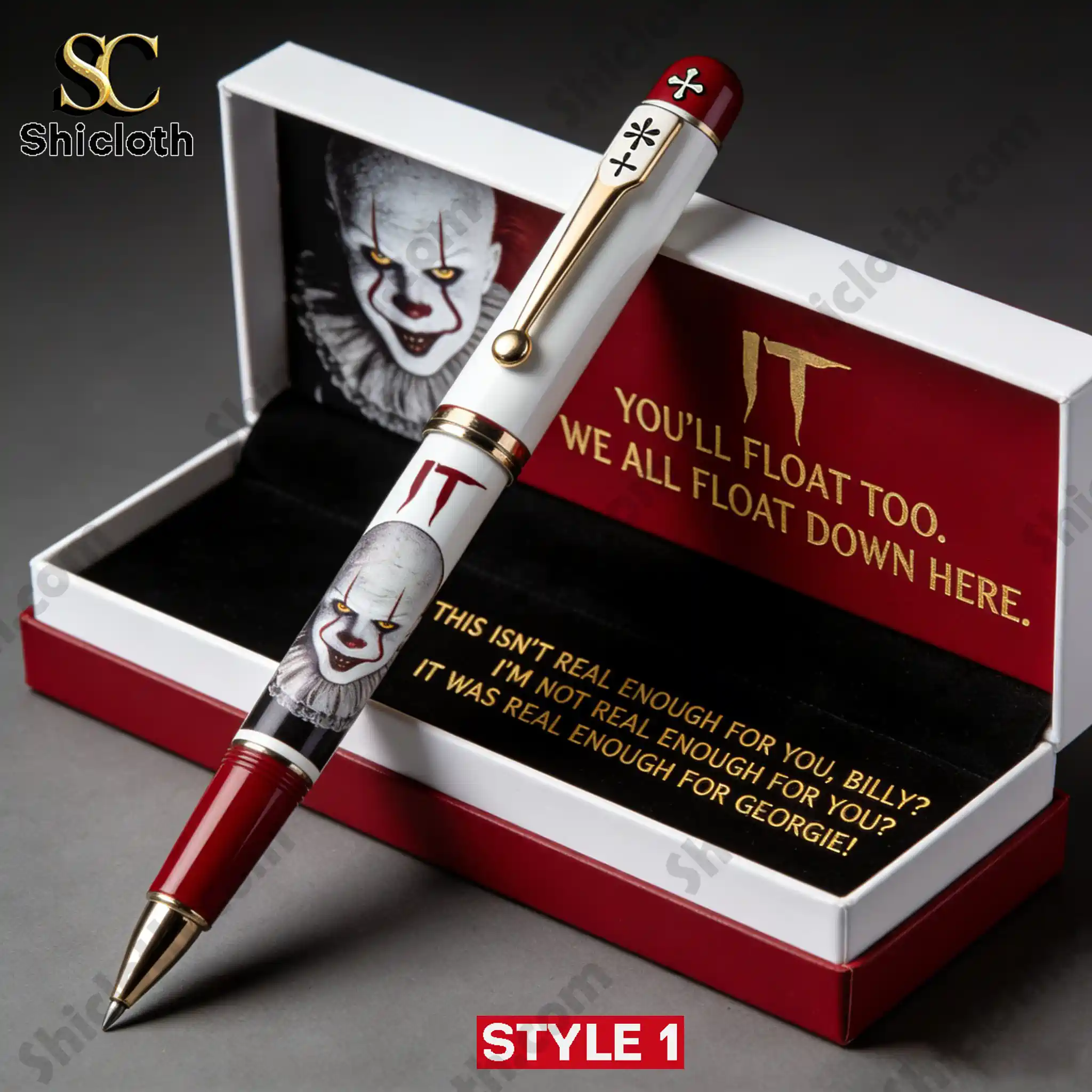 Close up of IT Pennywise Style One pen inside red and white gift box