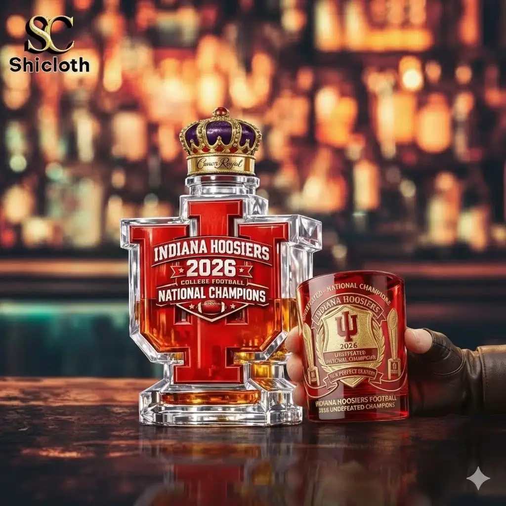 Indiana Hoosiers 2026 championship whiskey bottle and glass on bar counter!
