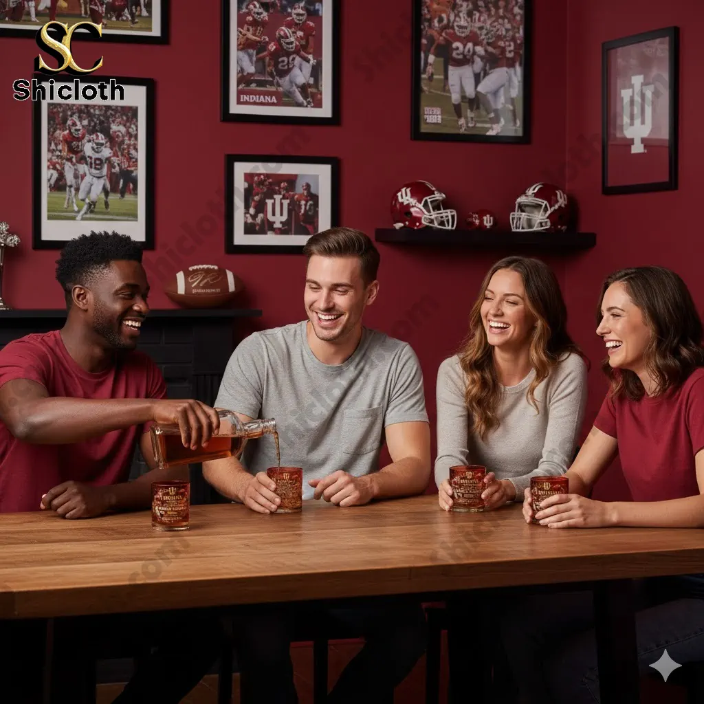 Four friends enjoying drinks with Indiana Hoosiers 2026 National Champions whiskey glasses in a football themed room!