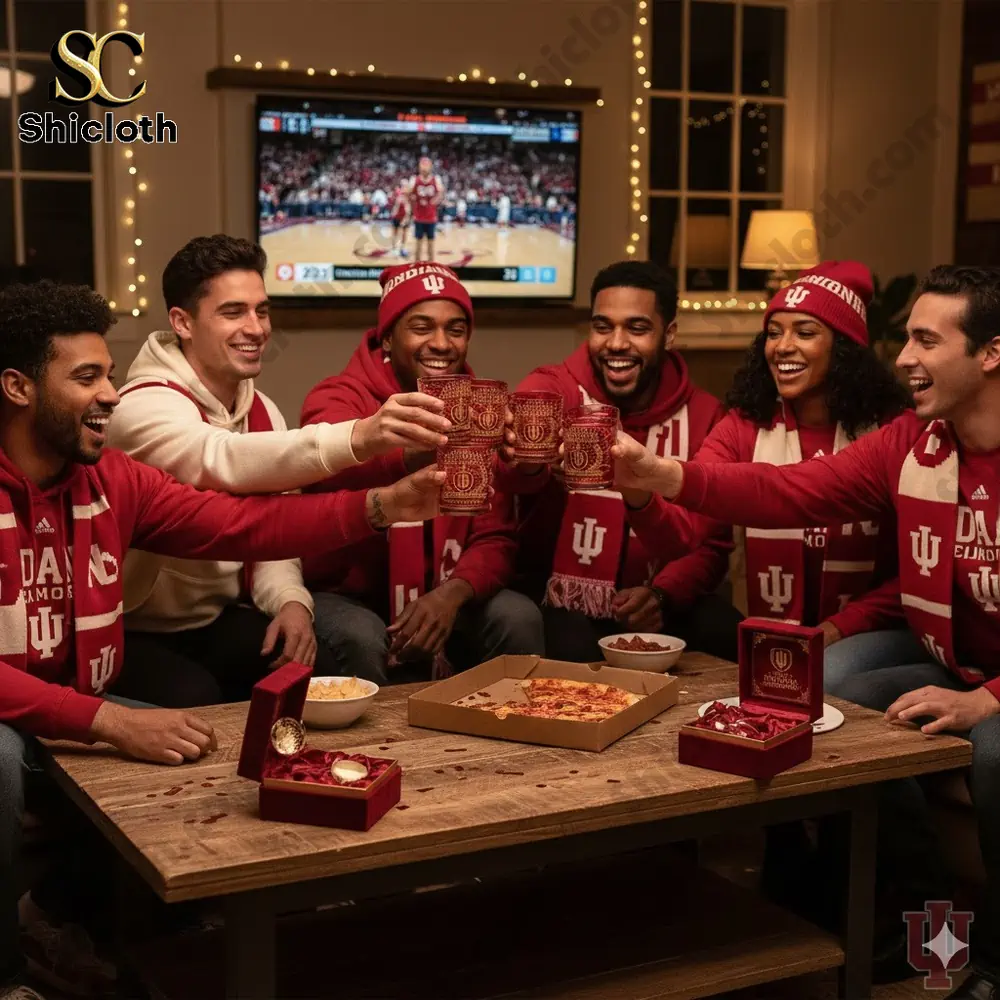Friends wearing Indiana Hoosiers gear cheering with collectible glasses during a game night!