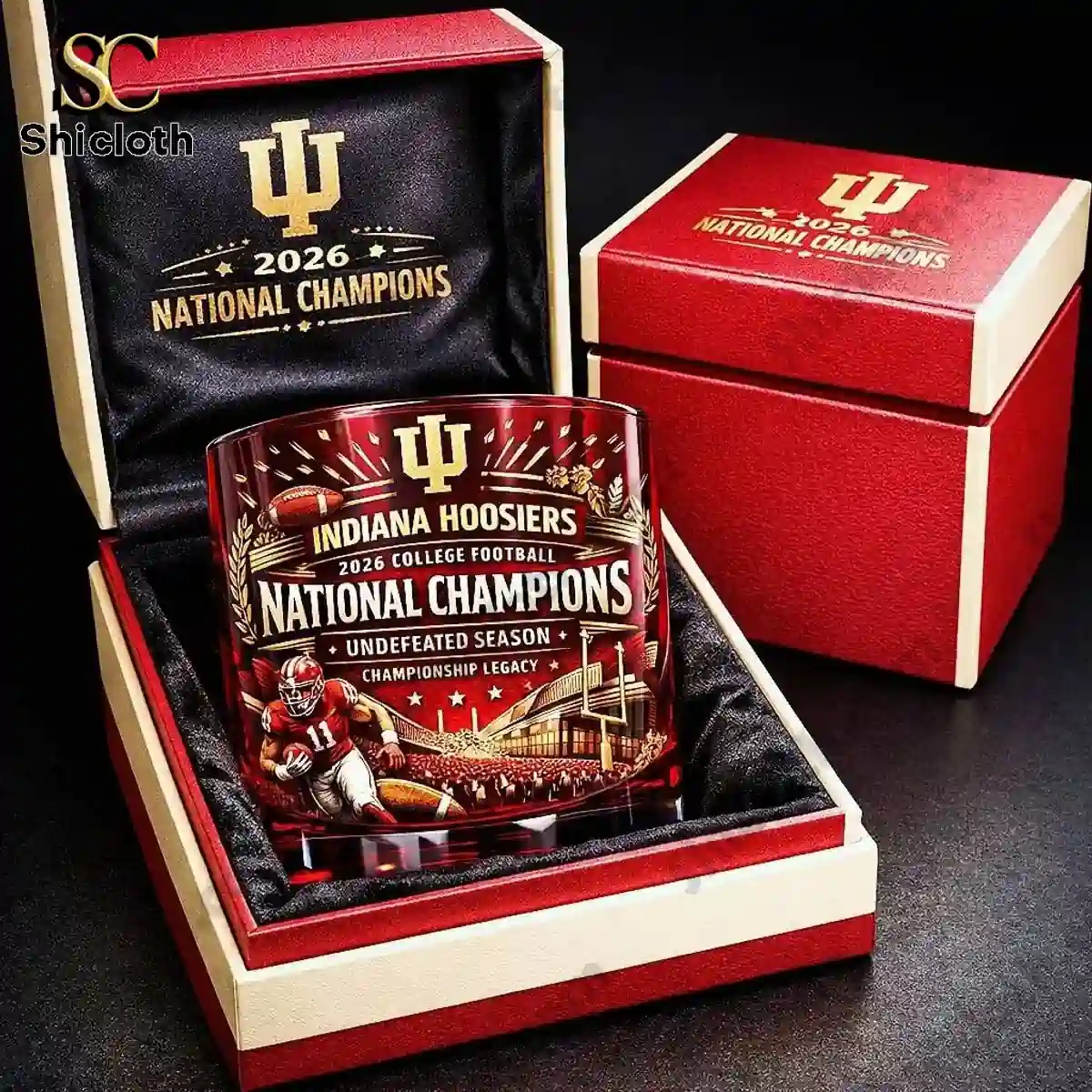 Indiana Hoosiers 2026 National Champions whiskey glass displayed in a premium red gift box!