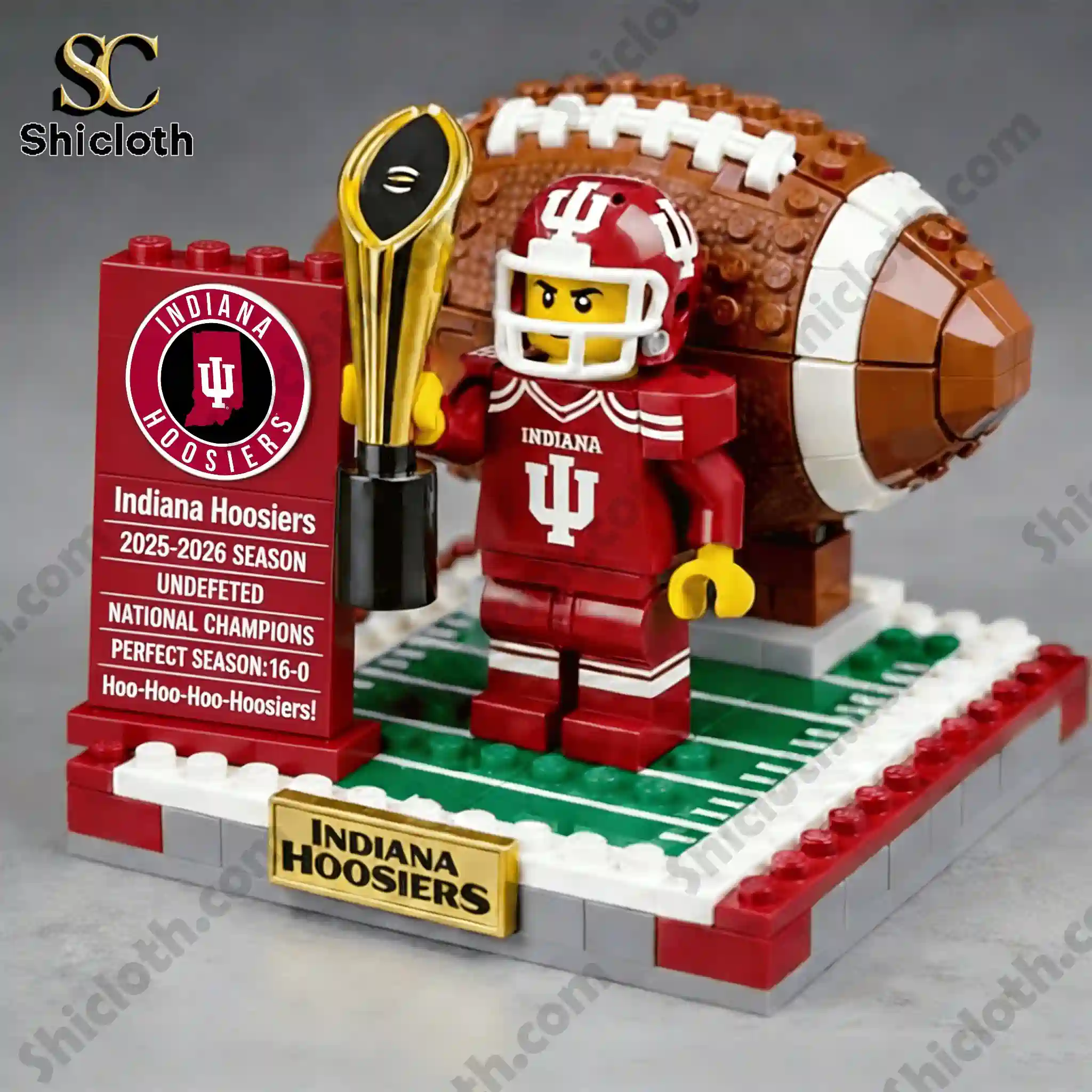 Close up of Indiana Hoosiers brick football player trophy and football display set!