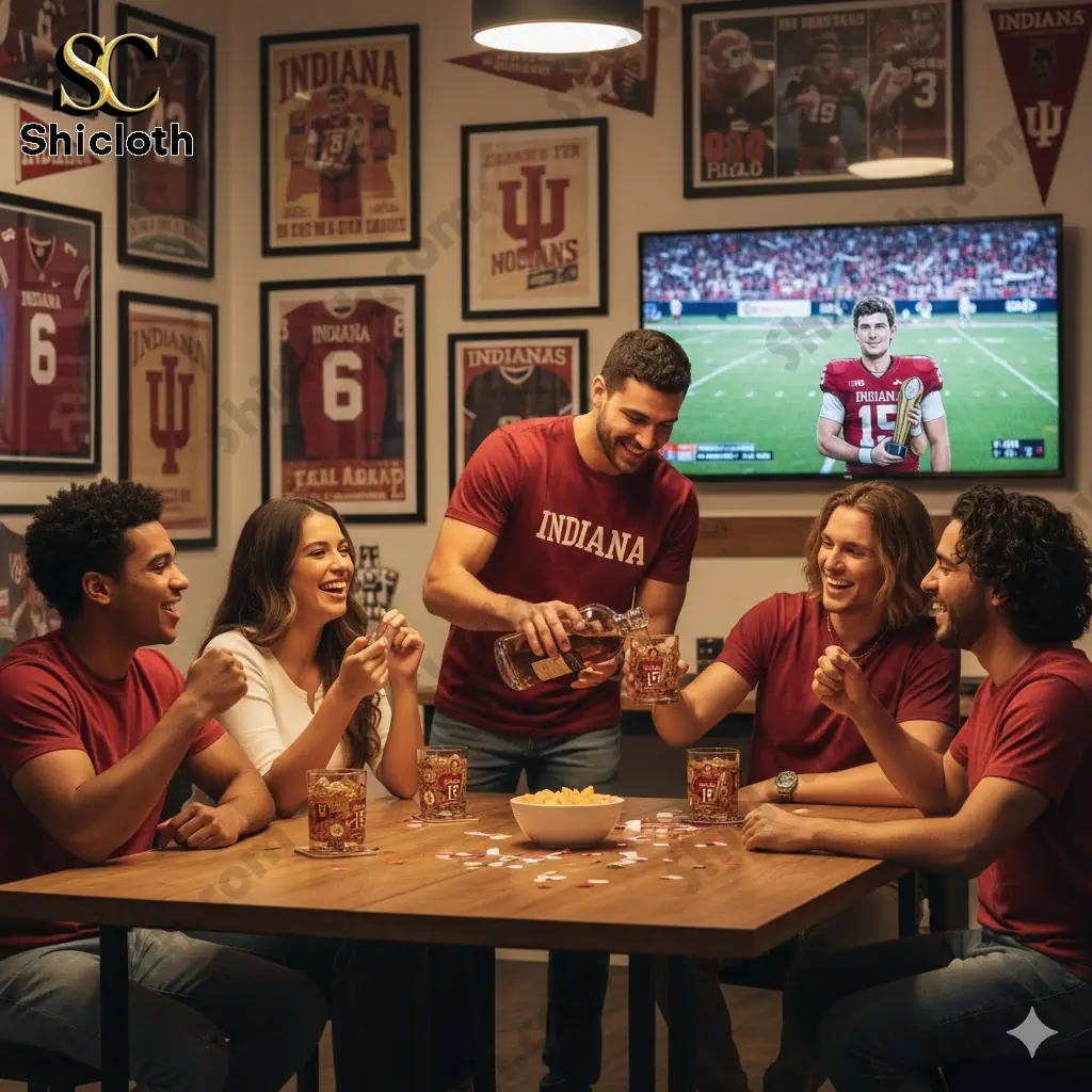 Friends wearing Indiana shirts cheering and drinking whiskey while watching a football game on TV!