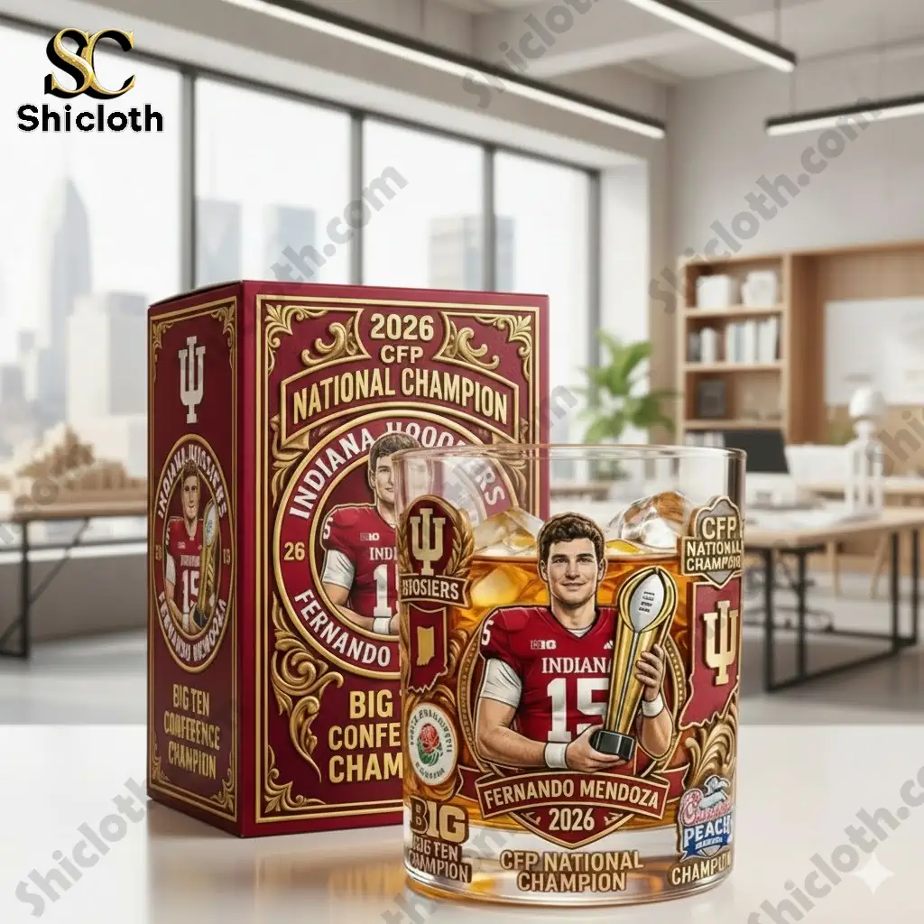 Indiana Hoosiers Fernando Mendoza 2026 National Champion whiskey glass with premium gift box on display!