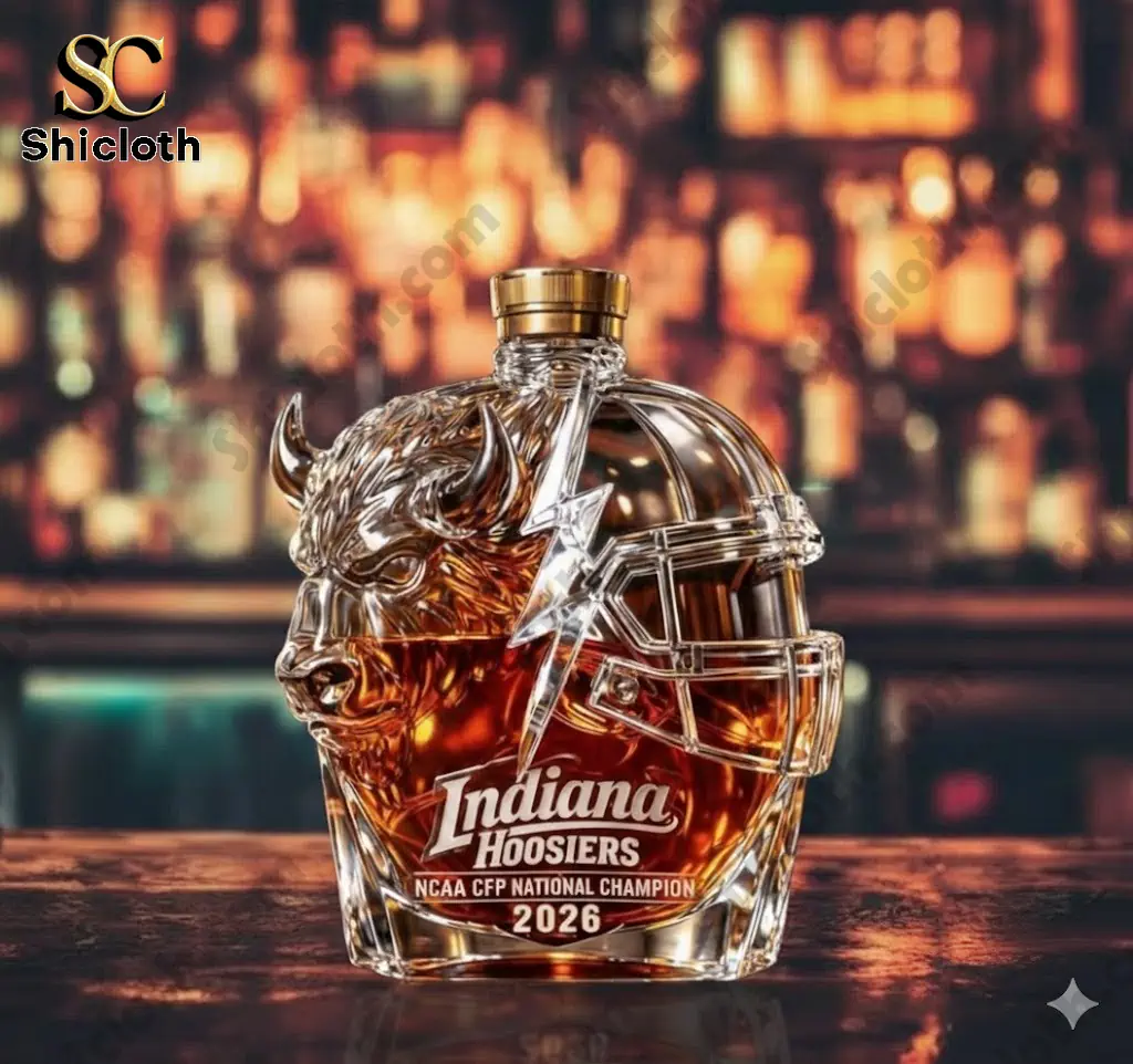 Close up of Indiana Hoosiers NCAA CFP National Champion 2026 whiskey bottle on a bar counter!