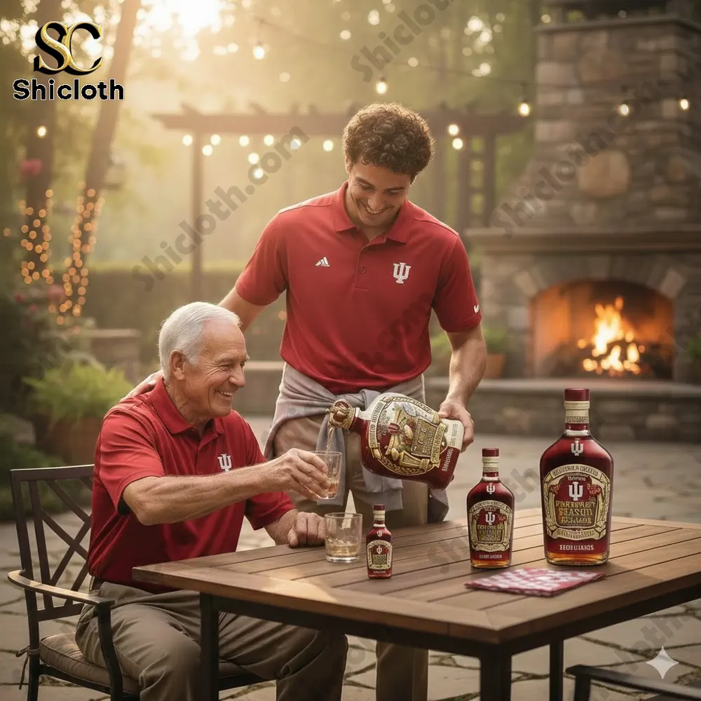 Father and son pouring drinks at outdoor patio table near fireplace!