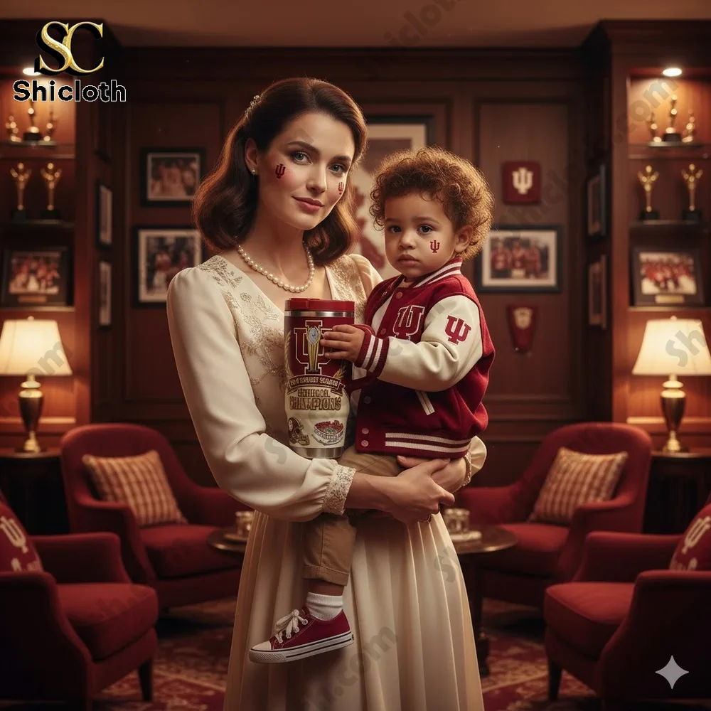 Mother holding child wearing Indiana Hoosiers themed outfit in a warm trophy room!