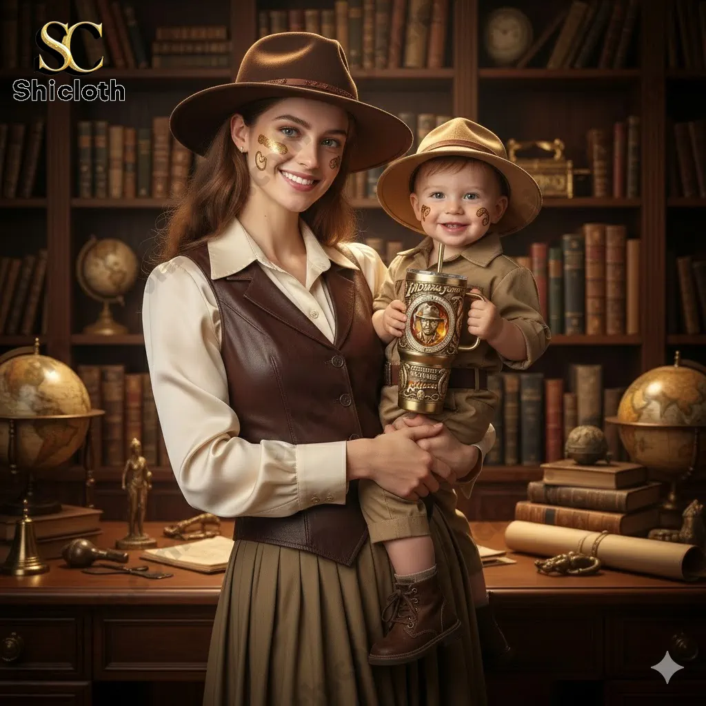 Woman holding a toddler in explorer outfits with an Indiana Jones themed tumbler in a vintage library setting.