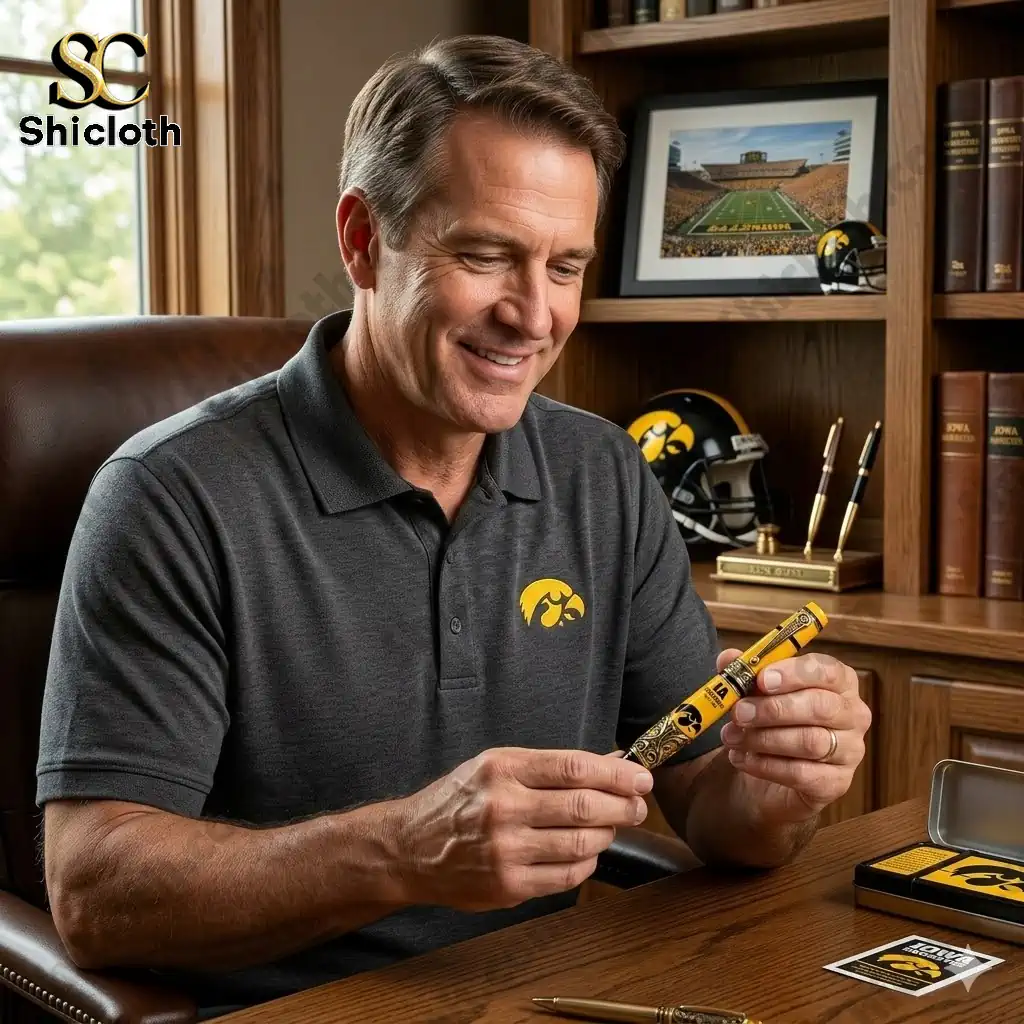 Man holding Iowa Hawkeyes commemorative pen in office setting