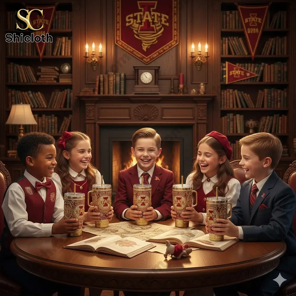 Pokemon 30th Anniversary 1996-2026 Custom Name Tumbler 11 Kids in a cozy library holding Iowa State Cyclones tumblers at a table!