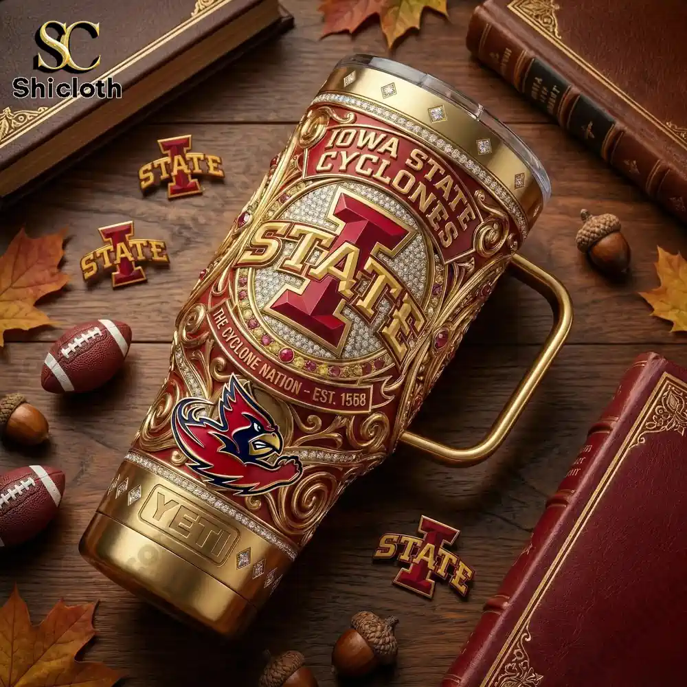 Iowa State Cyclones 40oz Tumbler With Handle 4 Iowa State Cyclones Yeti tumbler on a wooden table with footballs and autumn leaves!