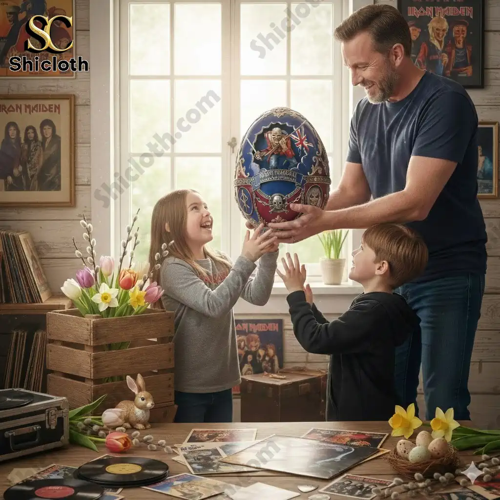 Father giving Iron Maiden anniversary Easter egg to two happy children in cozy room.