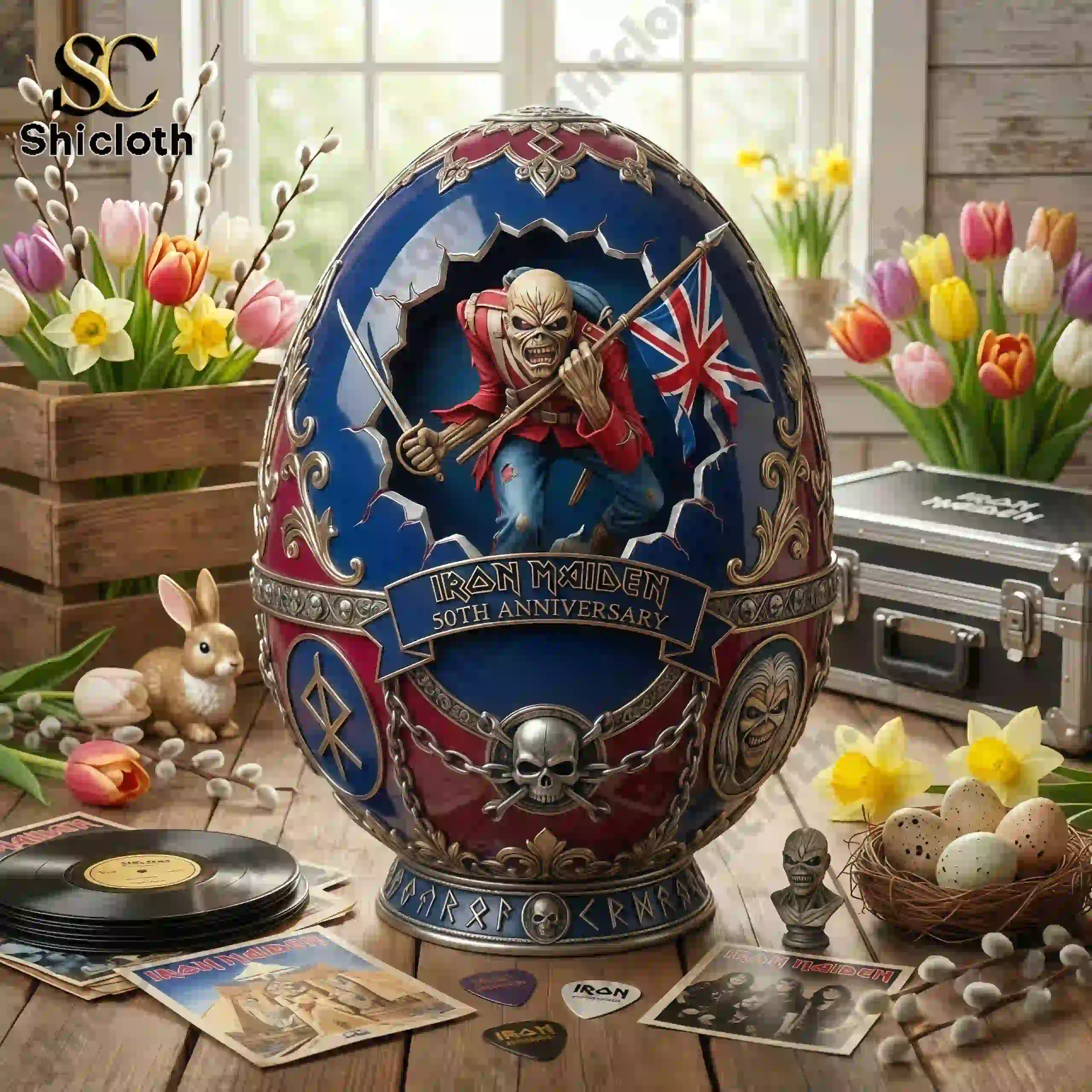 Close up of Iron Maiden 50th Anniversary Easter egg on wooden table with flowers and vinyl records.