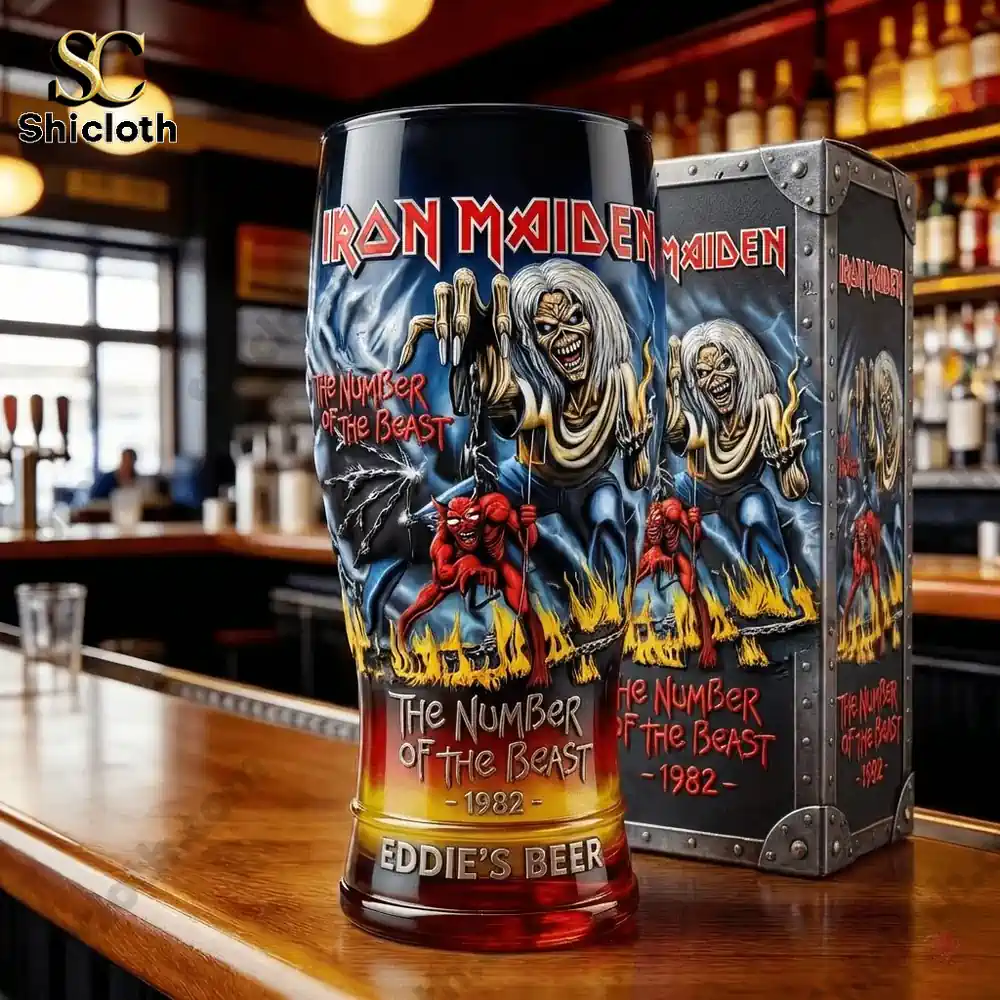 Iron Maiden beer glass with matching box displayed on a wooden bar counter!