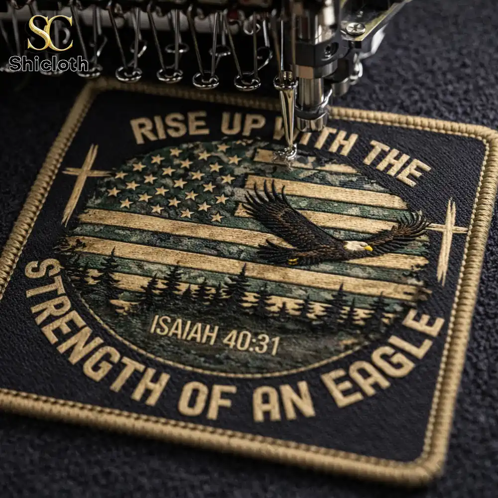 Close up embroidery machine stitching Shicloth Rise Up With The Strength Of An Eagle Isaiah 40 31 patch!