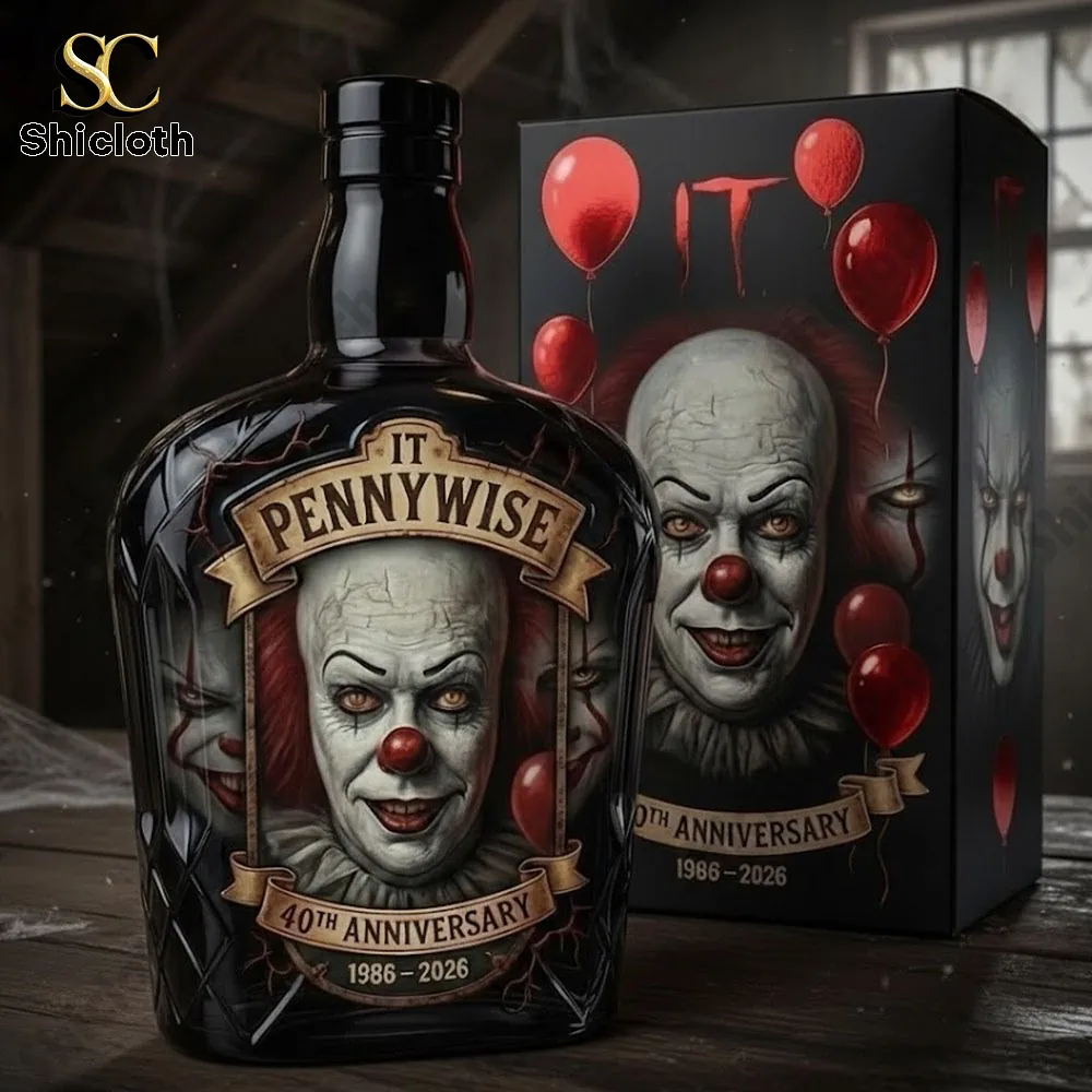 Pennywise themed whiskey bottle with matching box and red balloon design!