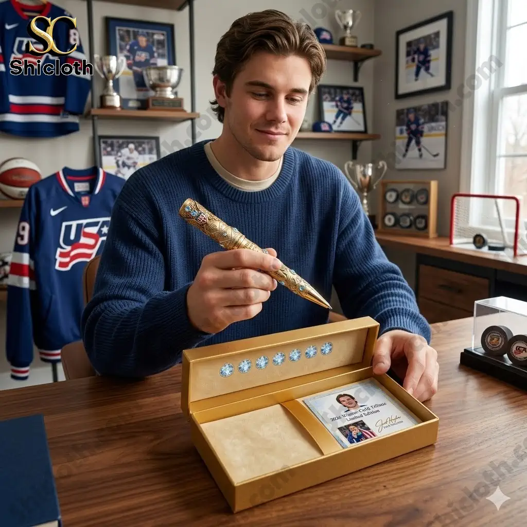 Man holding Jack Hughes 2026 Winter Gold USA Hockey Champion Legacy Pen in a trophy room!