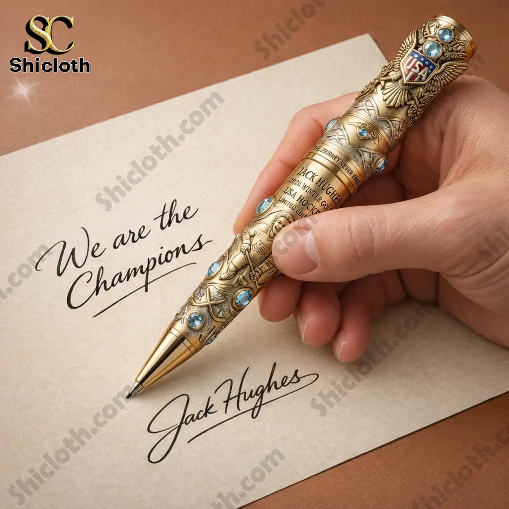 Close up of Jack Hughes 2026 Winter Gold USA Hockey Champion Legacy Pen signing paper!