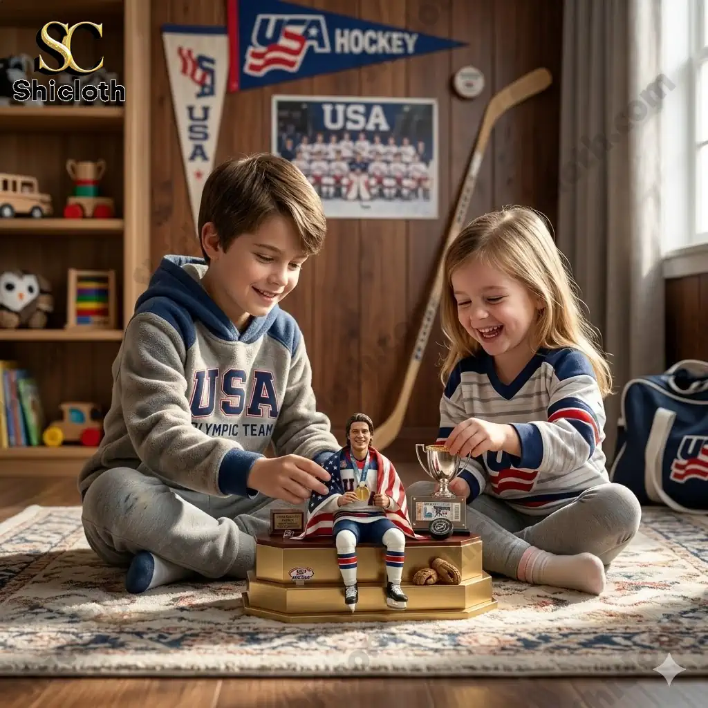 Two children playing with a USA hockey champion figure and trophy on a bedroom floor