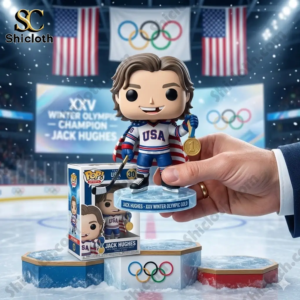 Jack Hughes vinyl figure holding gold medal on Olympic ice rink podium with USA flags!