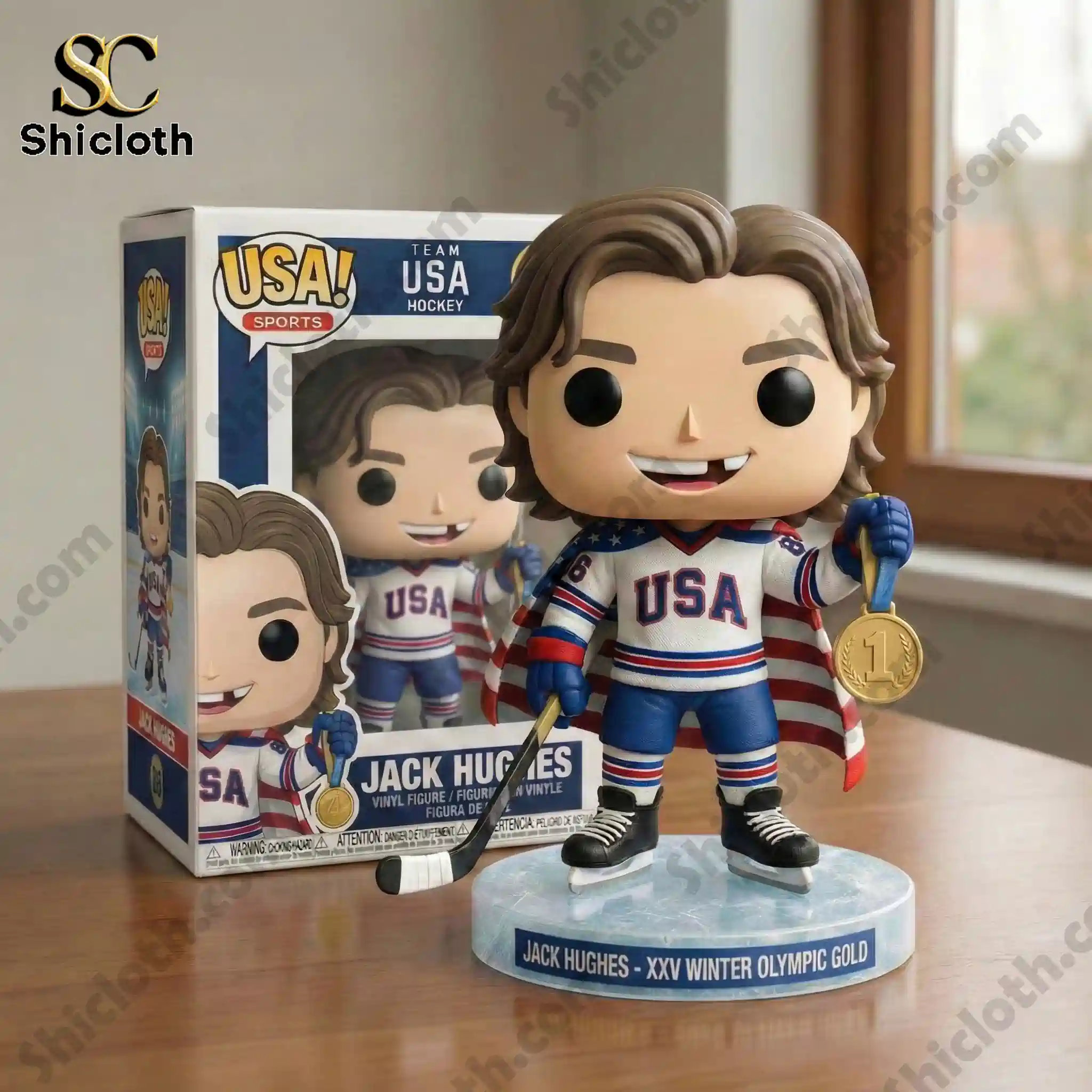 Jack Hughes vinyl figure with product box displayed on wooden table indoors!