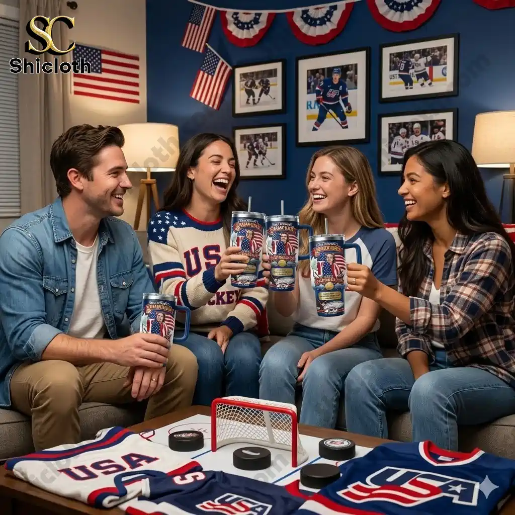 Friends holding USA Hockey 2026 Olympic Champions Jack Hughes tumbler in decorated living room