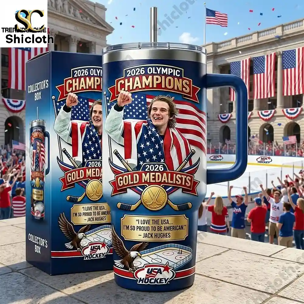 Close up of Jack Hughes 2026 USA Hockey Gold Medalist Commemorative Tumbler with collector box outdoors