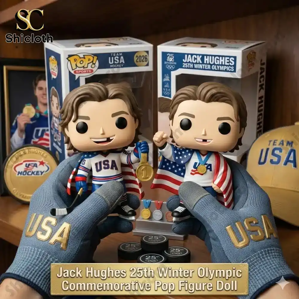 Two Jack Hughes Winter Olympics commemorative vinyl figures with USA jersey and gold medal displayed with box and accessories!