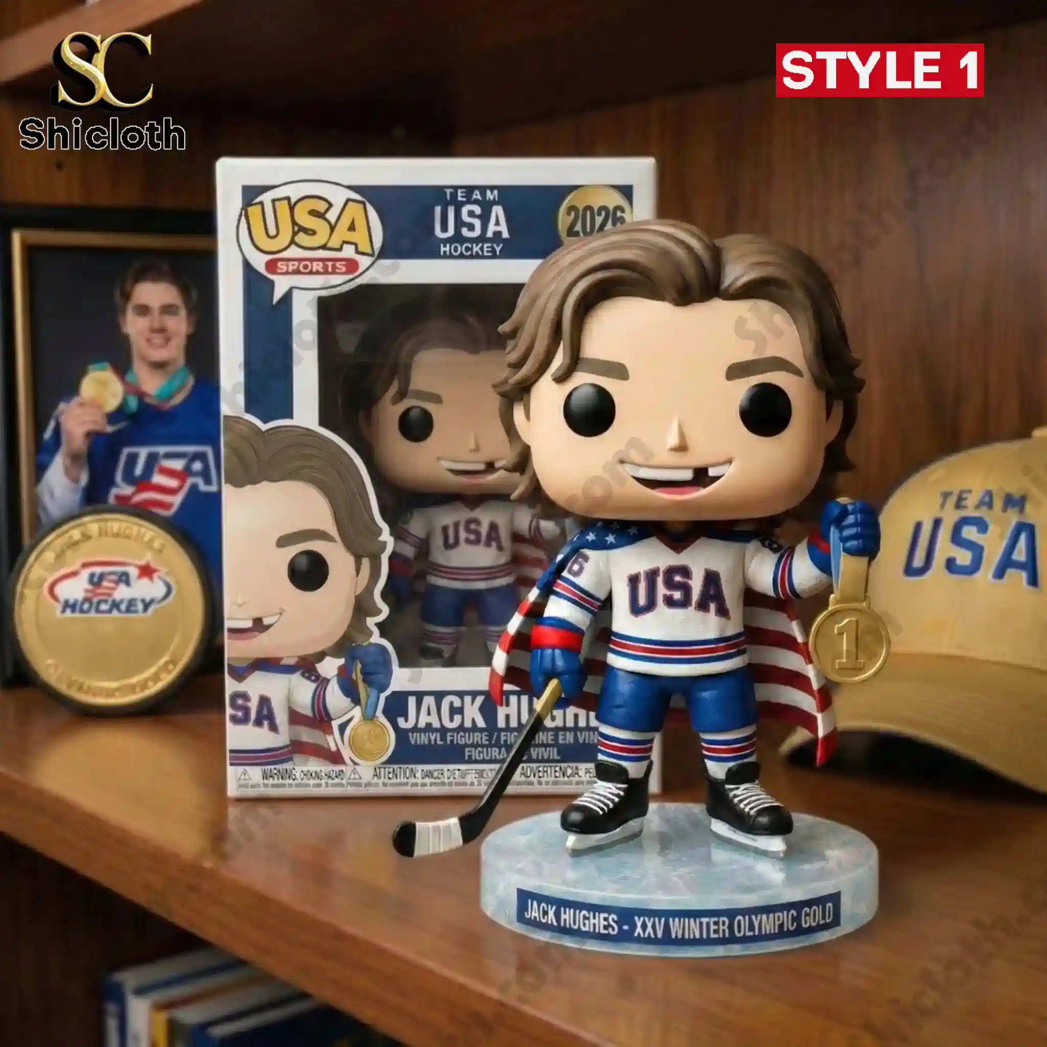 Jack Hughes Winter Olympics vinyl figure on ice base next to product box on wooden shelf!