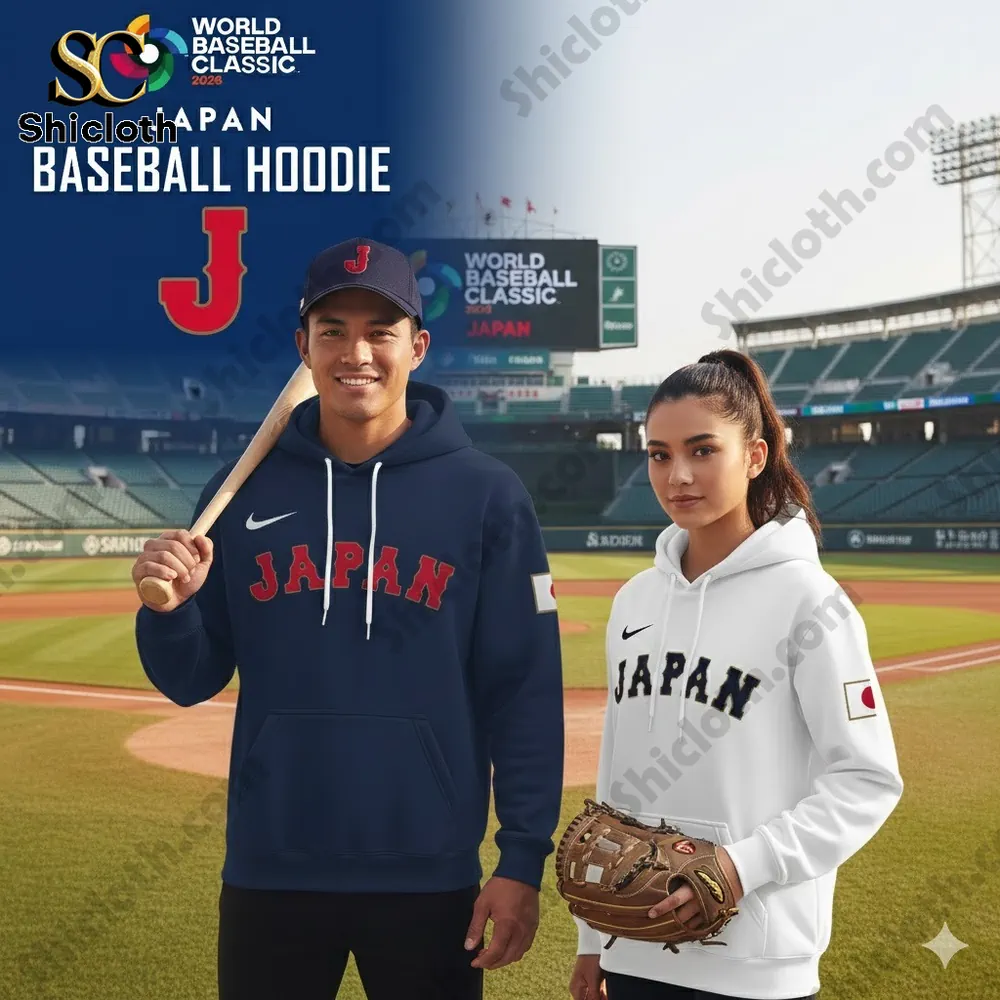 World Baseball Classic 2026 Japan baseball hoodie worn by male and female models at a baseball stadium.