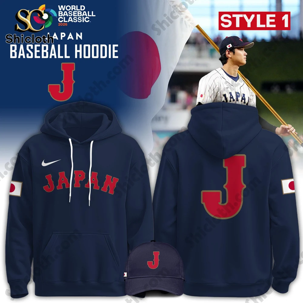 Japan baseball hoodie WBC 2026 in navy showing front and back view with matching cap.