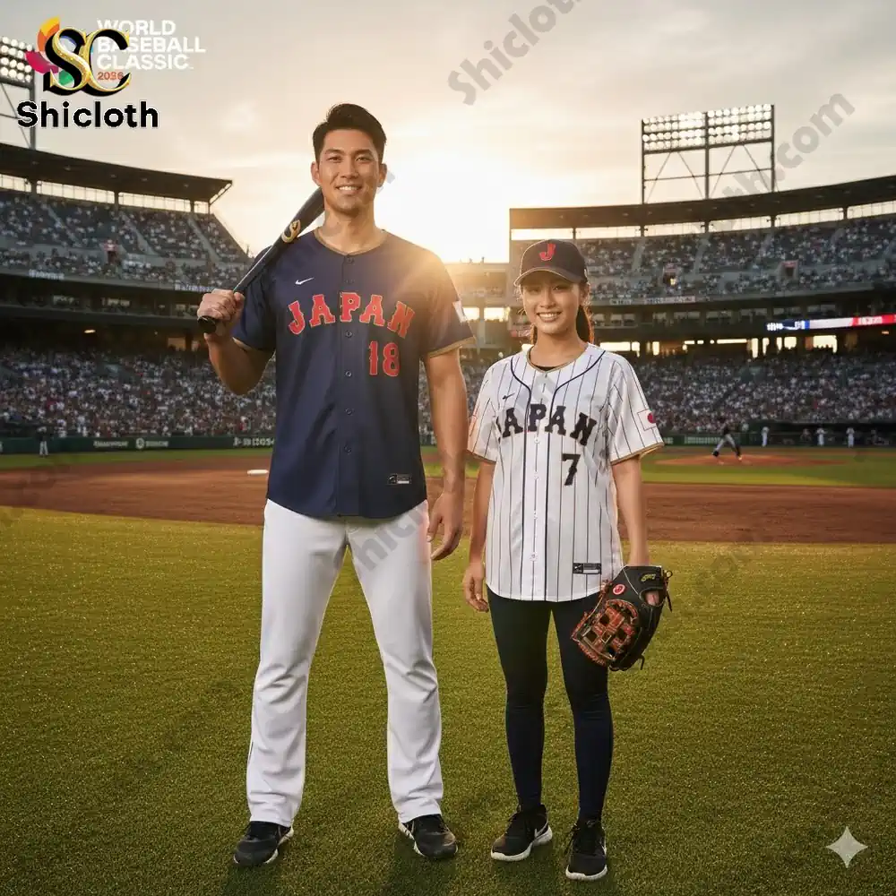 Two people wearing Japan baseball jerseys standing on a baseball field at sunset.