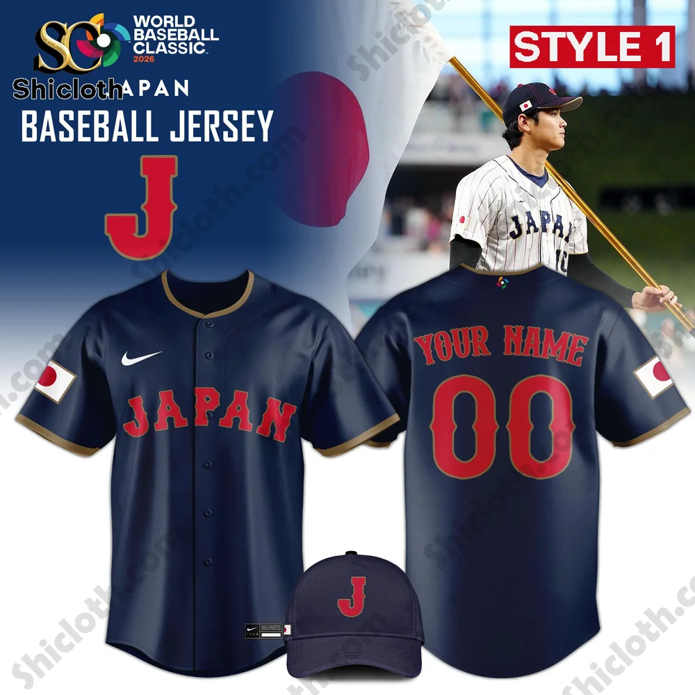 Navy Japan baseball jersey with custom name and number shown front and back.
