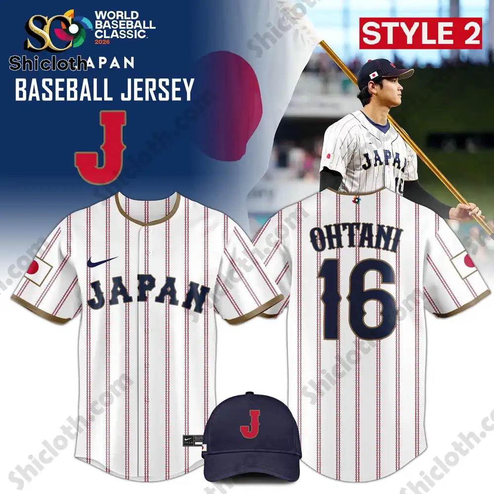 Japan Baseball 2026 World Baseball Classic Jersey Limited Edition 3 White pinstripe Japan baseball jersey with Ohtani name and number sixteen shown front and back.