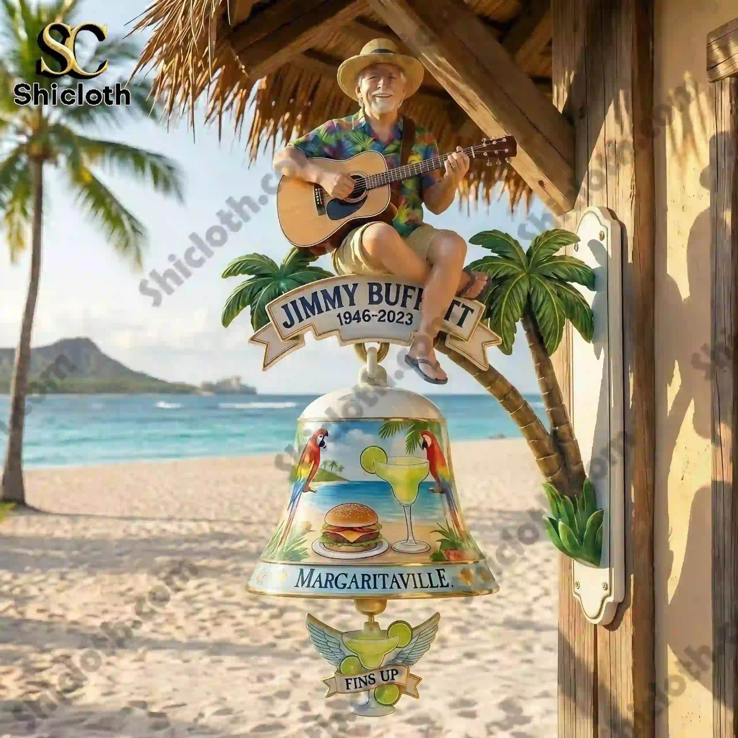 Jimmy Buffett Margaritaville wall bell mounted by tropical beach