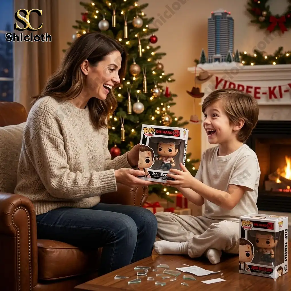 Mother giving John McClane Die Hard 667 vinyl figure to smiling boy near Christmas tree