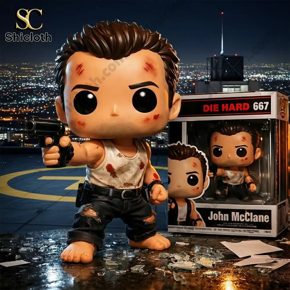 John McClane Die Hard 667 vinyl figure holding gun on rooftop at night city