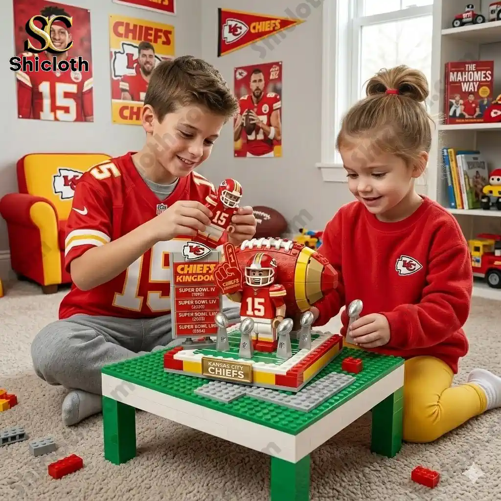 Two children playing with Kansas City Chiefs building block championship set in a themed room!