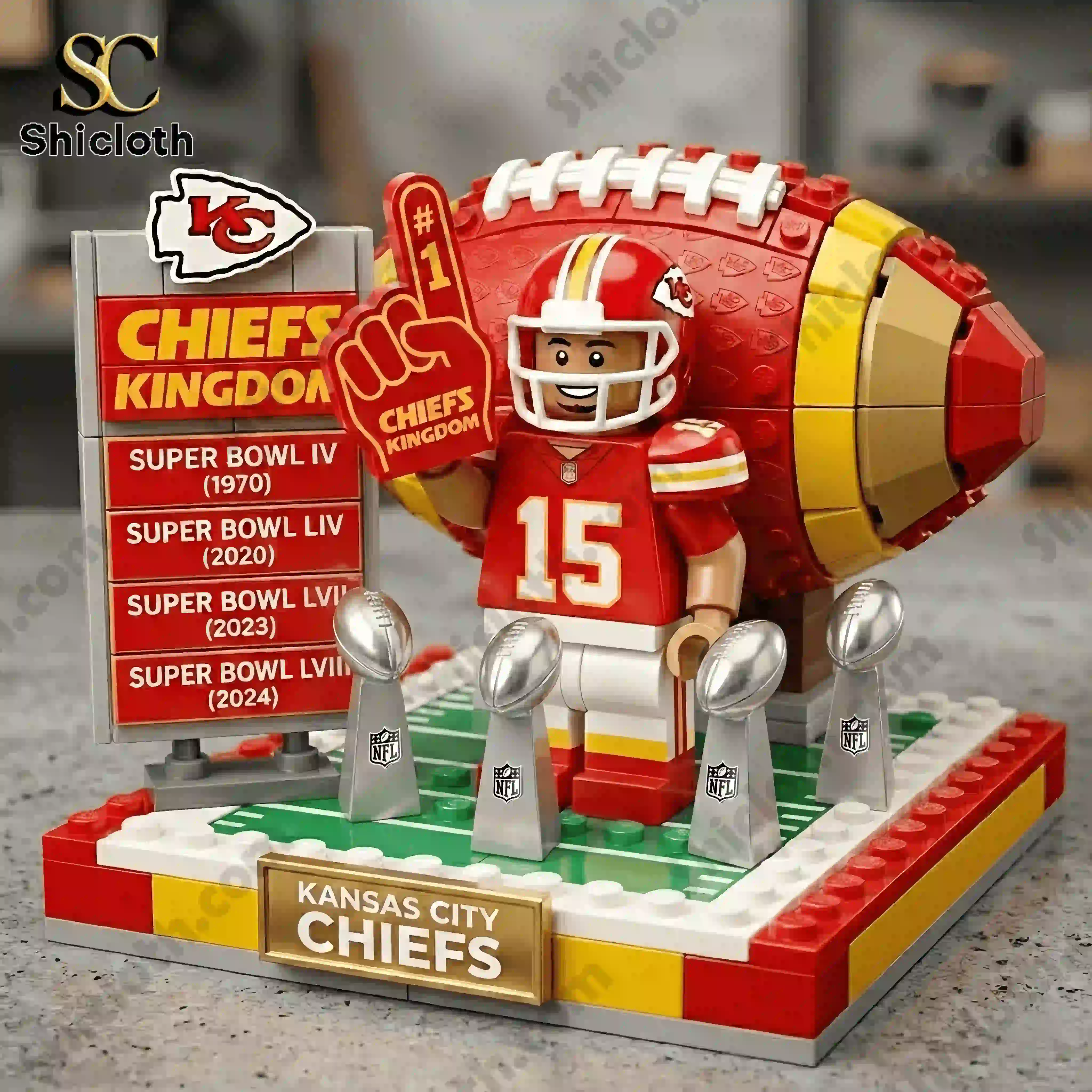 Close up of Kansas City Chiefs championship building block set with number fifteen player and trophies!